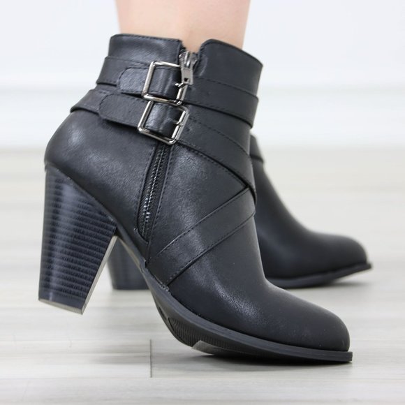 Black Ankle Boots High Heeled Booties Pointed Toe Chunky Cone Heel - Picture 5 of 12